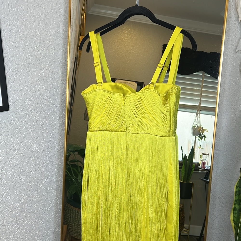 HOUSE OF CB 'Emee' Acid Yellow Satin Fringe Dress - Picture 15 of 17